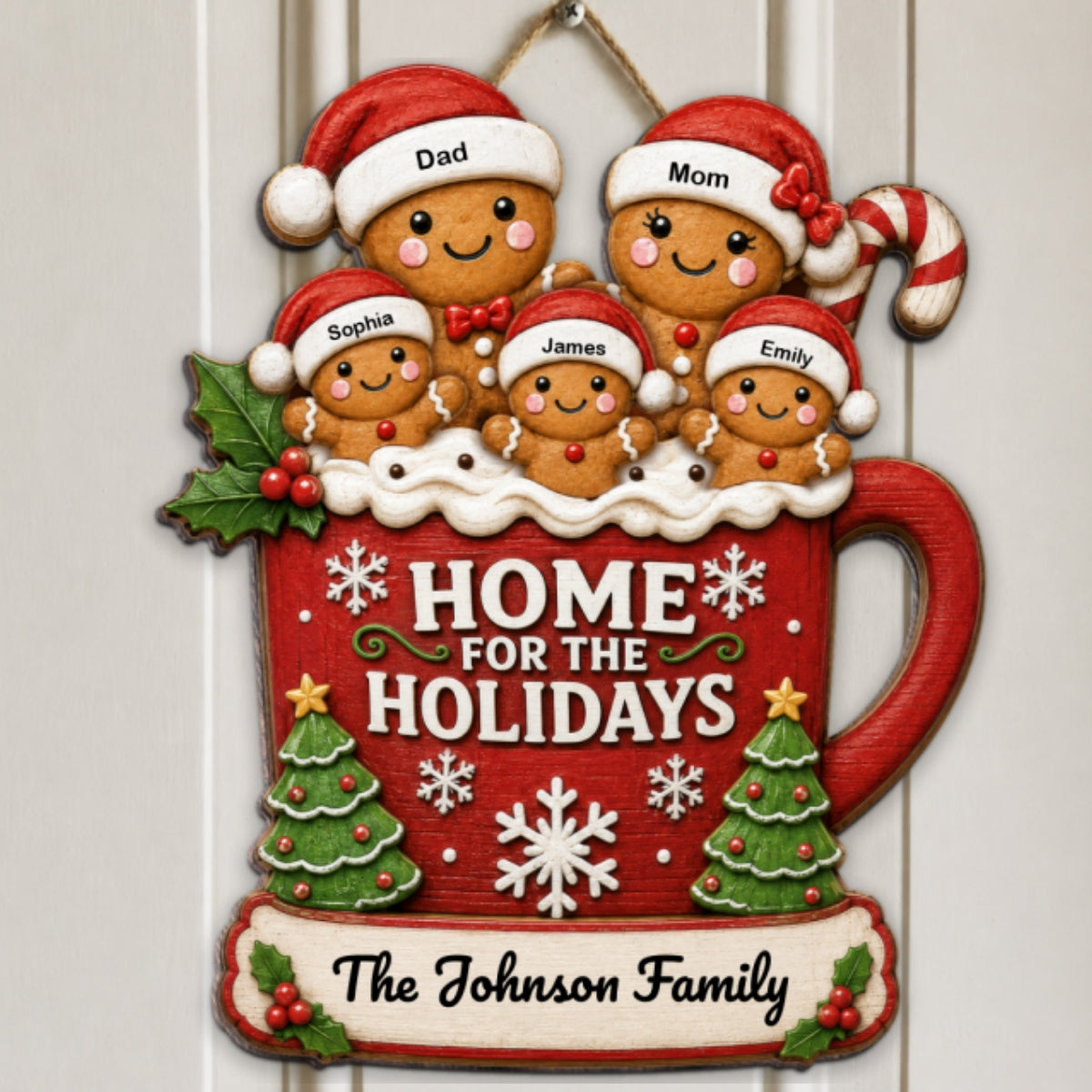 Gingerbread Family In Hot Cocoa 2D Flat - Personalized Wood Sign - Christmas Decor For Family