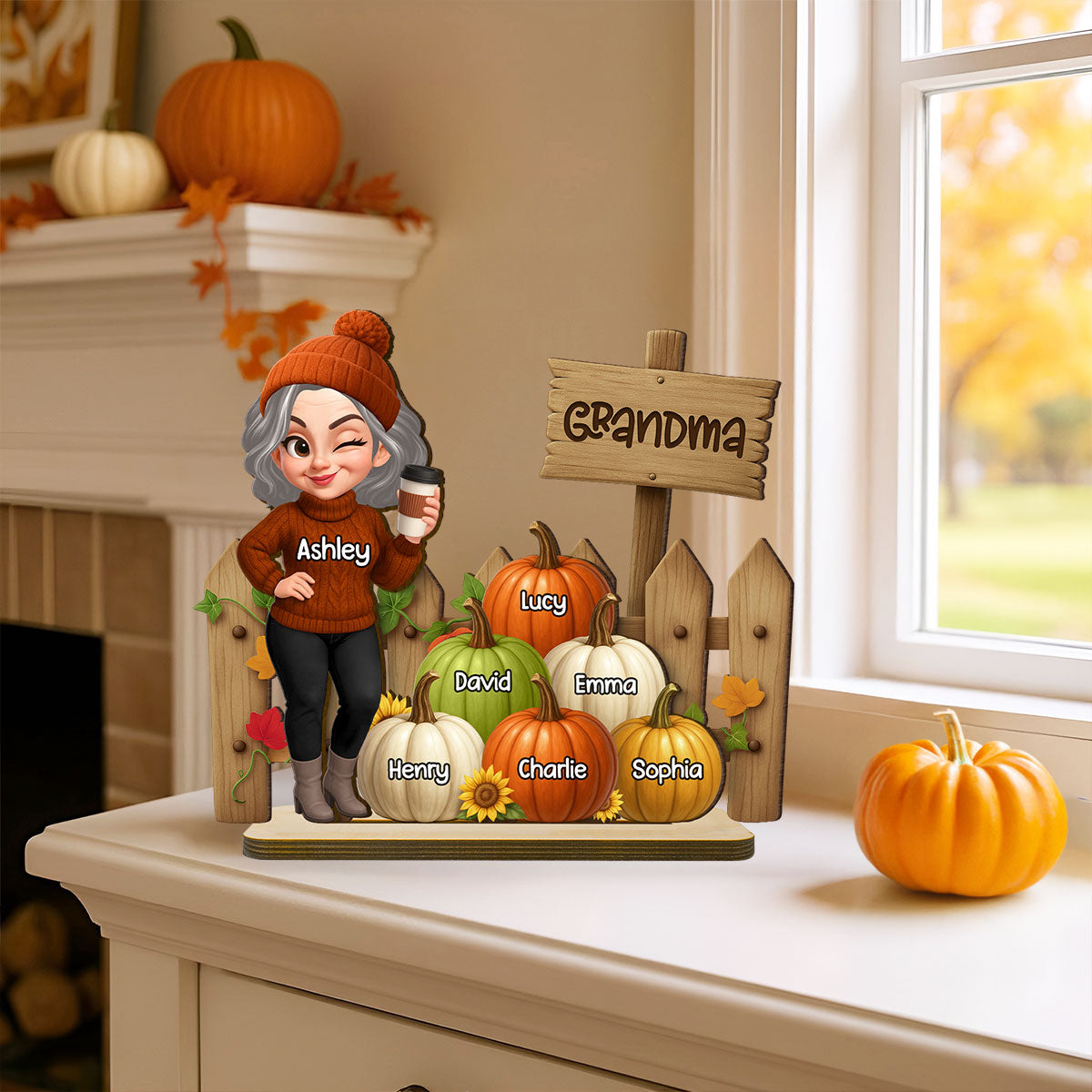 Grandma Fall Season Standing At Fence Pumpkins Personalized Standing Wooden Plaque