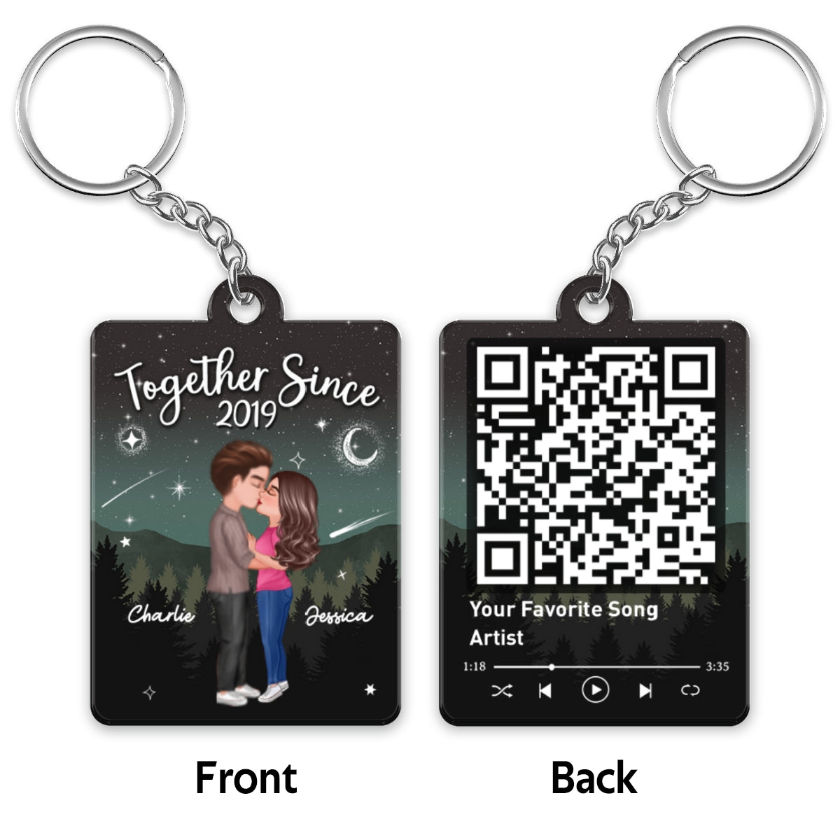 Doll Couple Kissing In Galaxy Night Favorite Song Scannable QR Code Personalized Acrylic Keychain