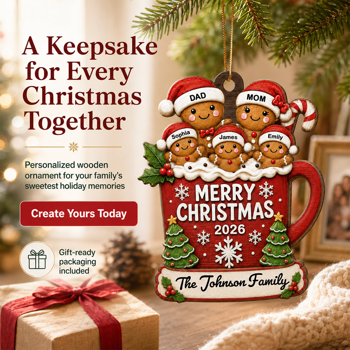 Gingerbread Family In Hot Cocoa 2D Flat - Personalized Wooden Ornament - Christmas Tree Decor For Family