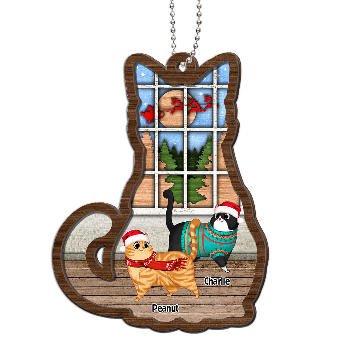 Full Cat Shaped Personalized Christmas 2-Layer Wooden Ornament