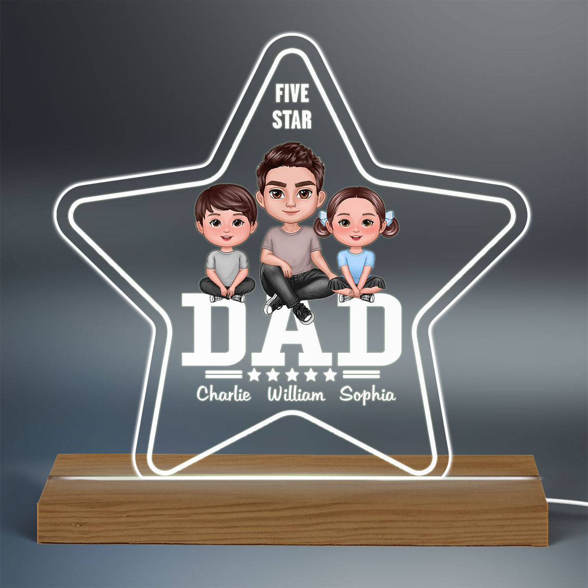 Five Star Dad Doll Sitting Man & Kids Personalized Warm Acrylic Custom Shape LED Night Light