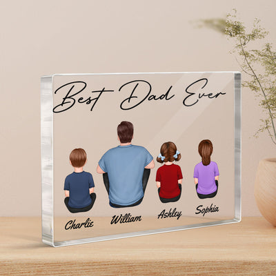 Back View Dad And Kids Dogs Cats Sitting Best Dad Ever Personalized Rectangle Acrylic Block Plaque