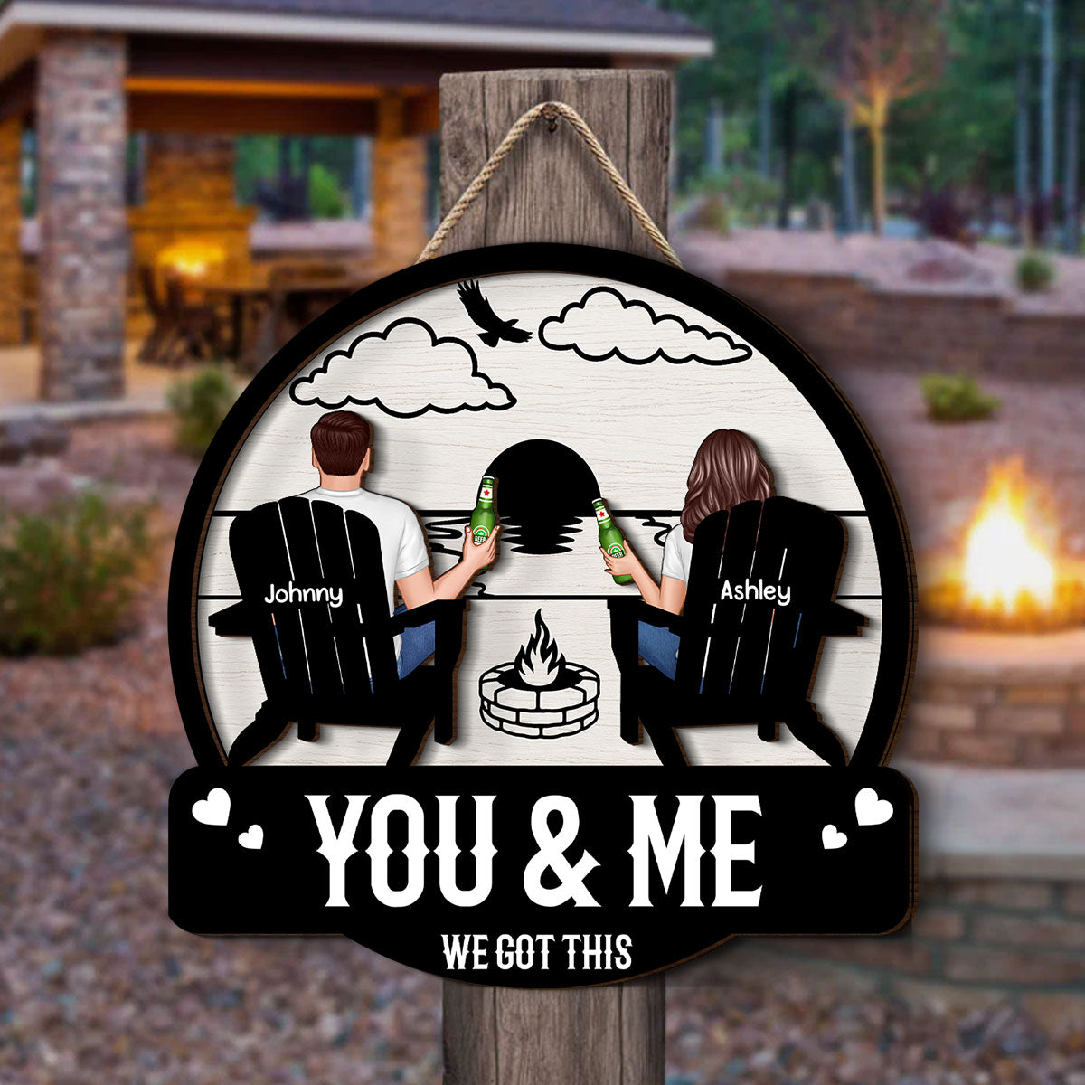 Camping Couple Sitting Back View, Campfire, Fire Pit Personalized Wood Sign
