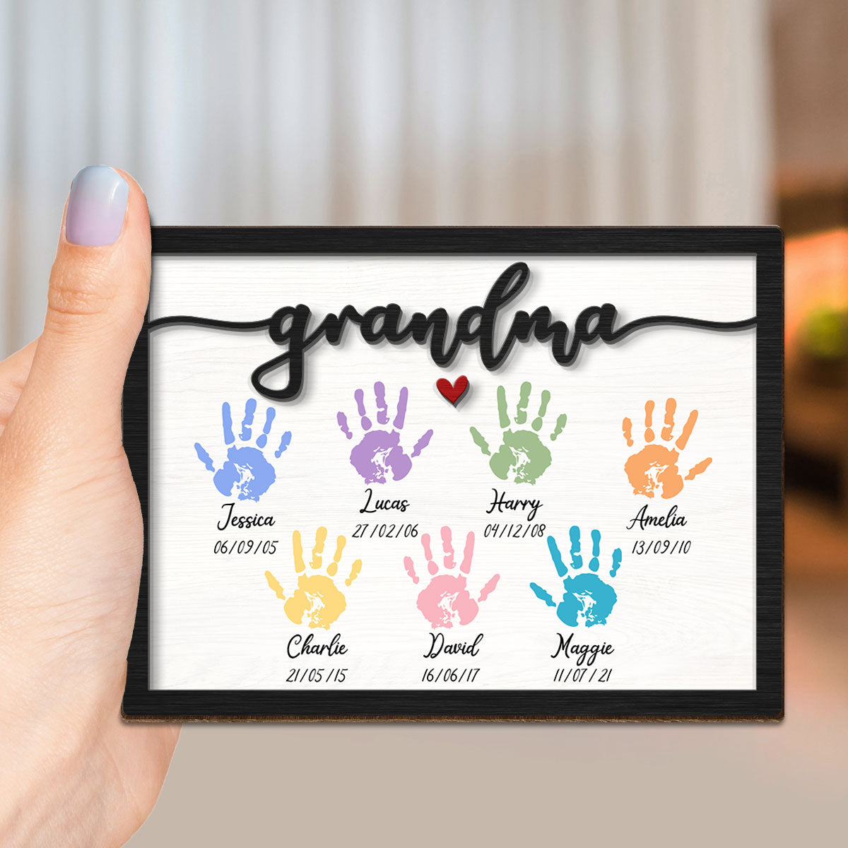 Grandma Mom Colorful Handprints Personalized 2-layer Wooden Plaque