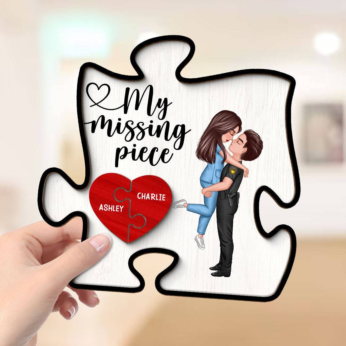 My Missing Piece Couple Hugging Kissing Valentine‘s Day Gifts by Occupation Gift For Her Gift For Him Firefighter, Nurse, Police Officer Personalized Puzzle Shaped 2-Layer Wooden Plaque