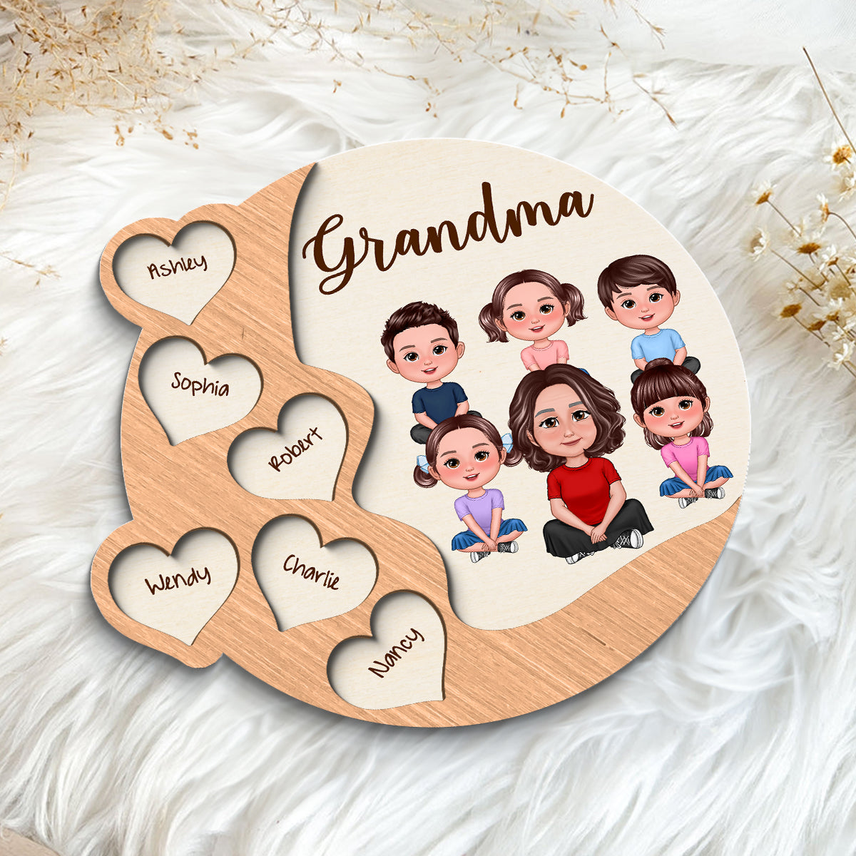 Grandma Mom Crossed Legs Hearts Woman Face Personalized 2-layer Wooden Plaque