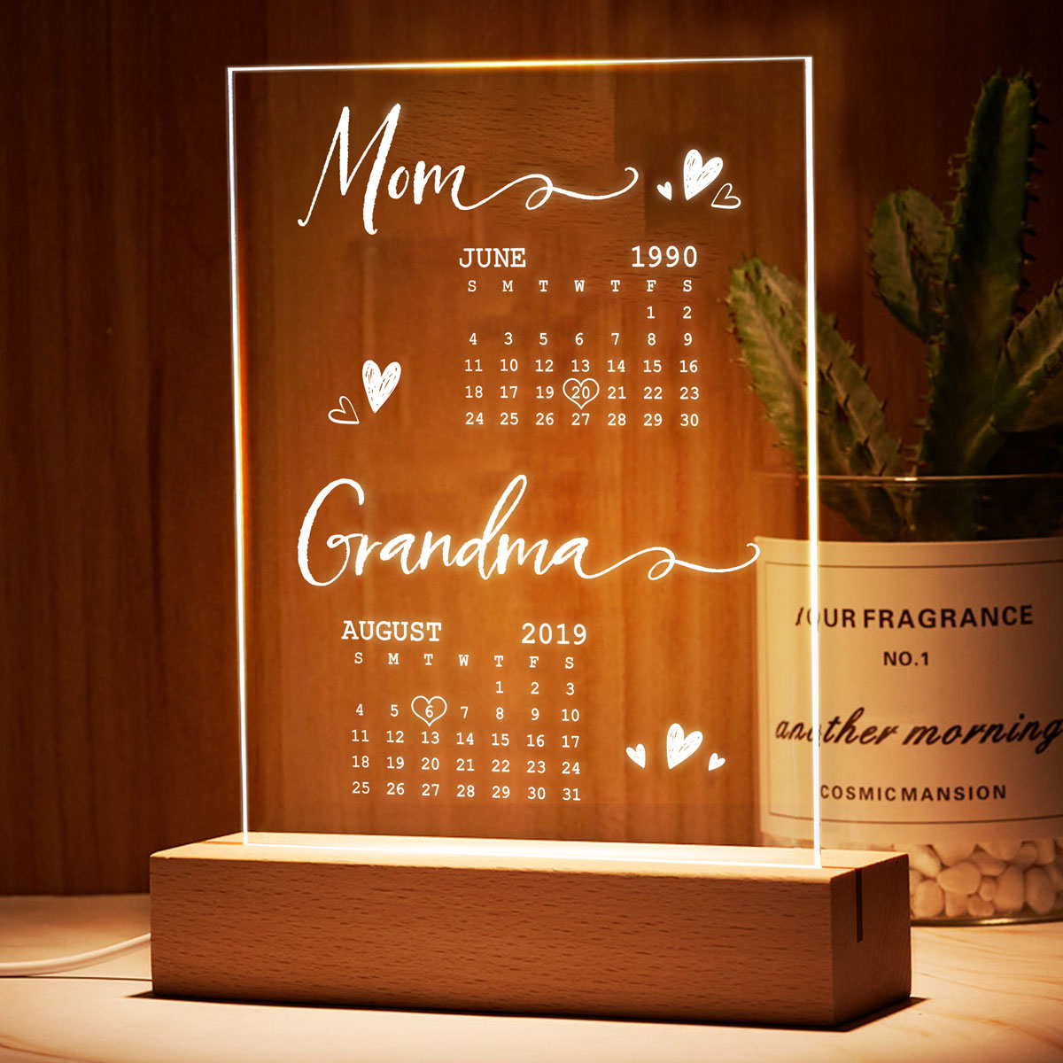 Mom Grandma Est Calendar Personalized Rectangle Acrylic LED Night Light
