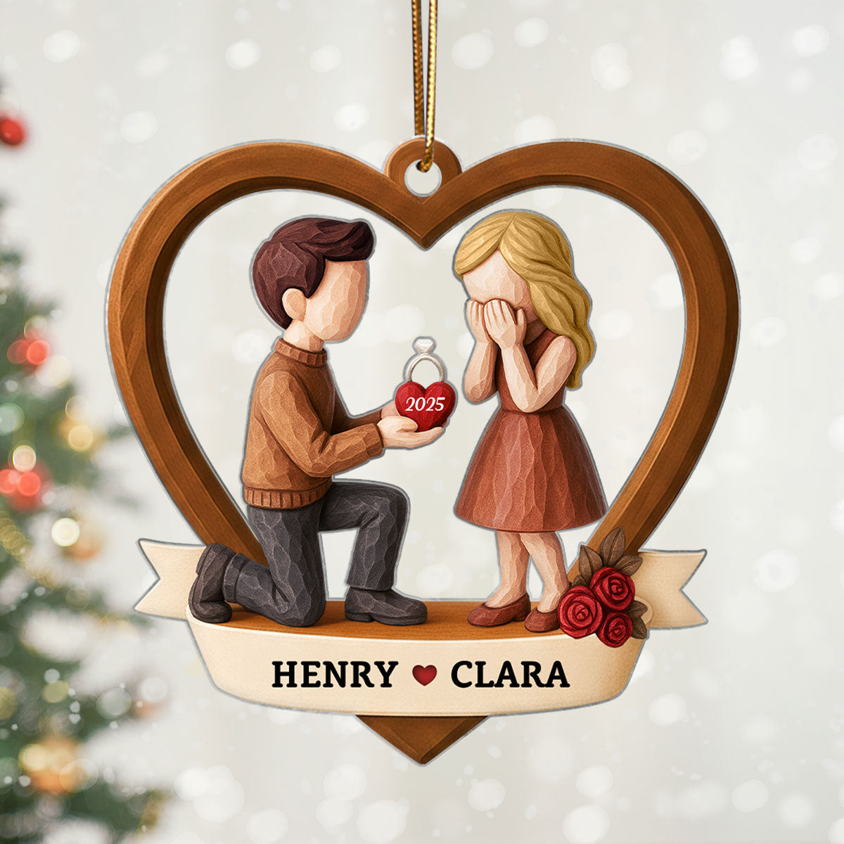 Couple Marriage Proposal 3D Wooden Effect - Personalized Acrylic Ornament - Newly Engaged Gift, "She Said Yes!" Christmas Ornament