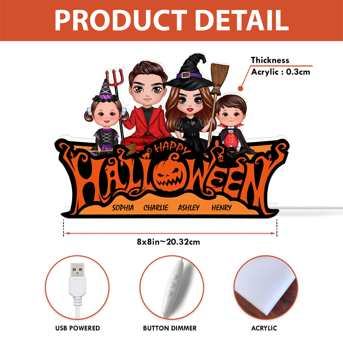 Happy Halloween Jack O Lantern Spooky, Family Sitting Personalized Light Box, Halloween Decor Indoor