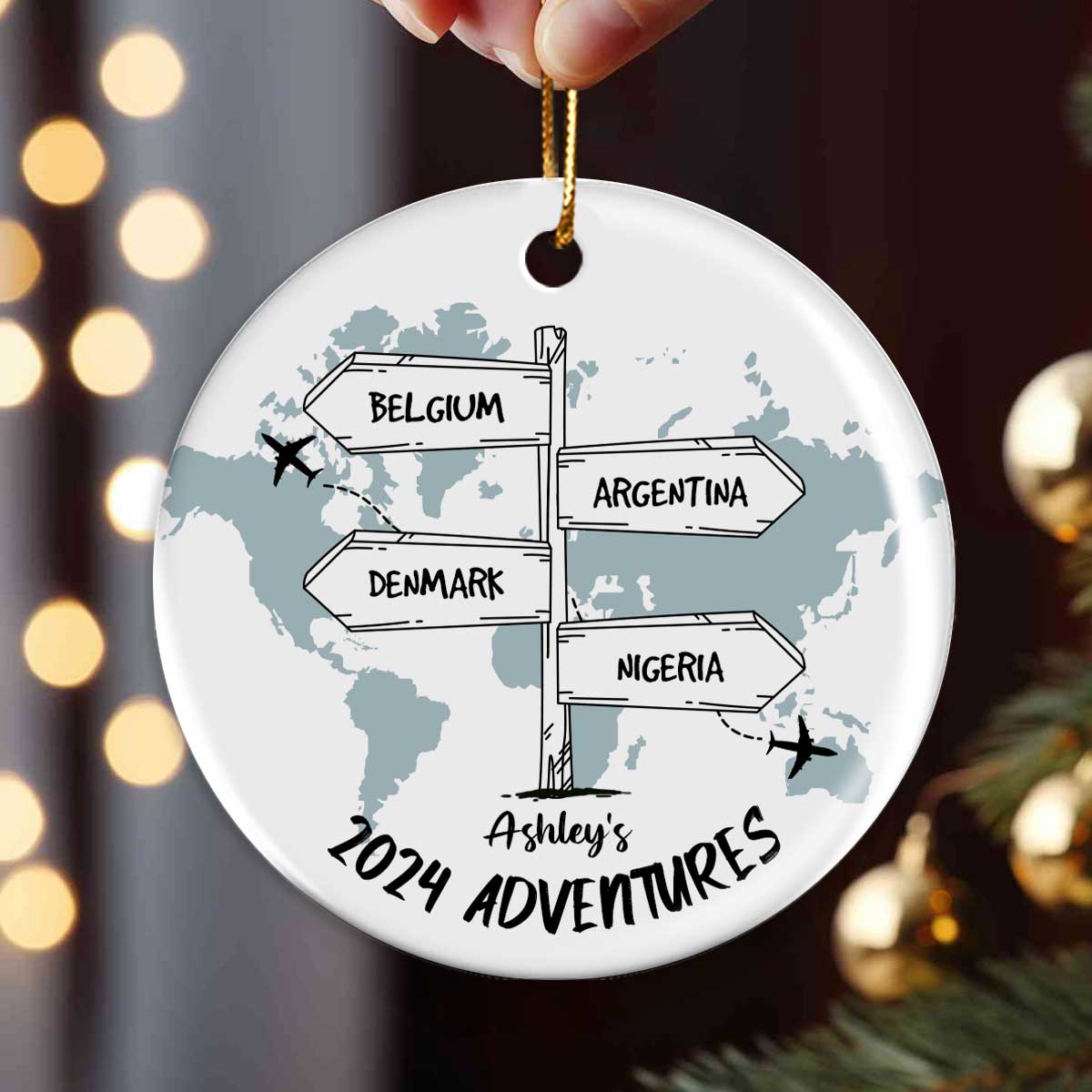 Post Signs Travel Adventure Personalized Ceramic Ornament, Traveling Christmas Ornament, Travel Gift