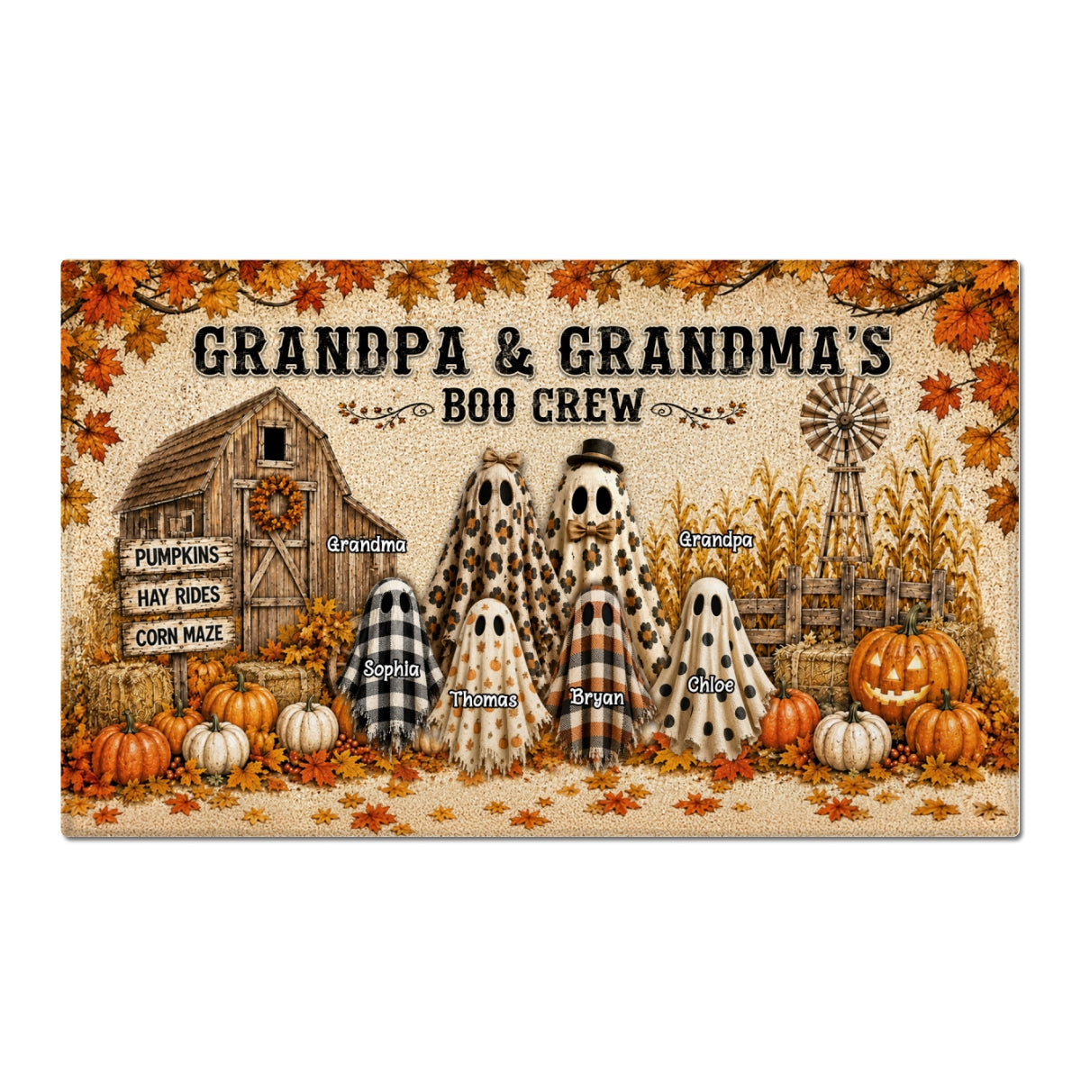 Halloween Rustic Barnhouse Grandpa & Grandma's Boo Crew - Personalized Doormat - Halloween Decor For Grandparents