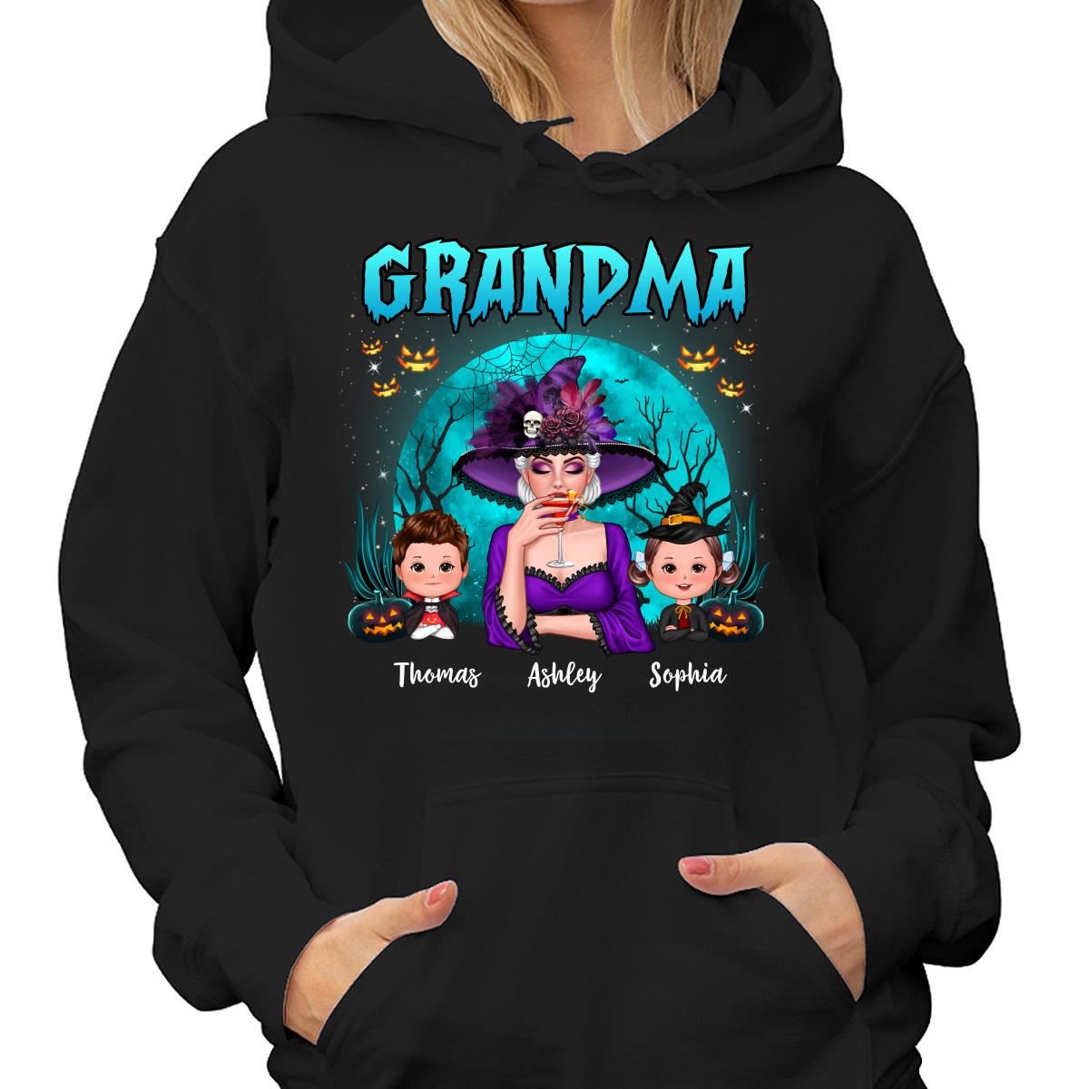 Halloween Grandma Mom Kids Teal Moon Personalized Shirt