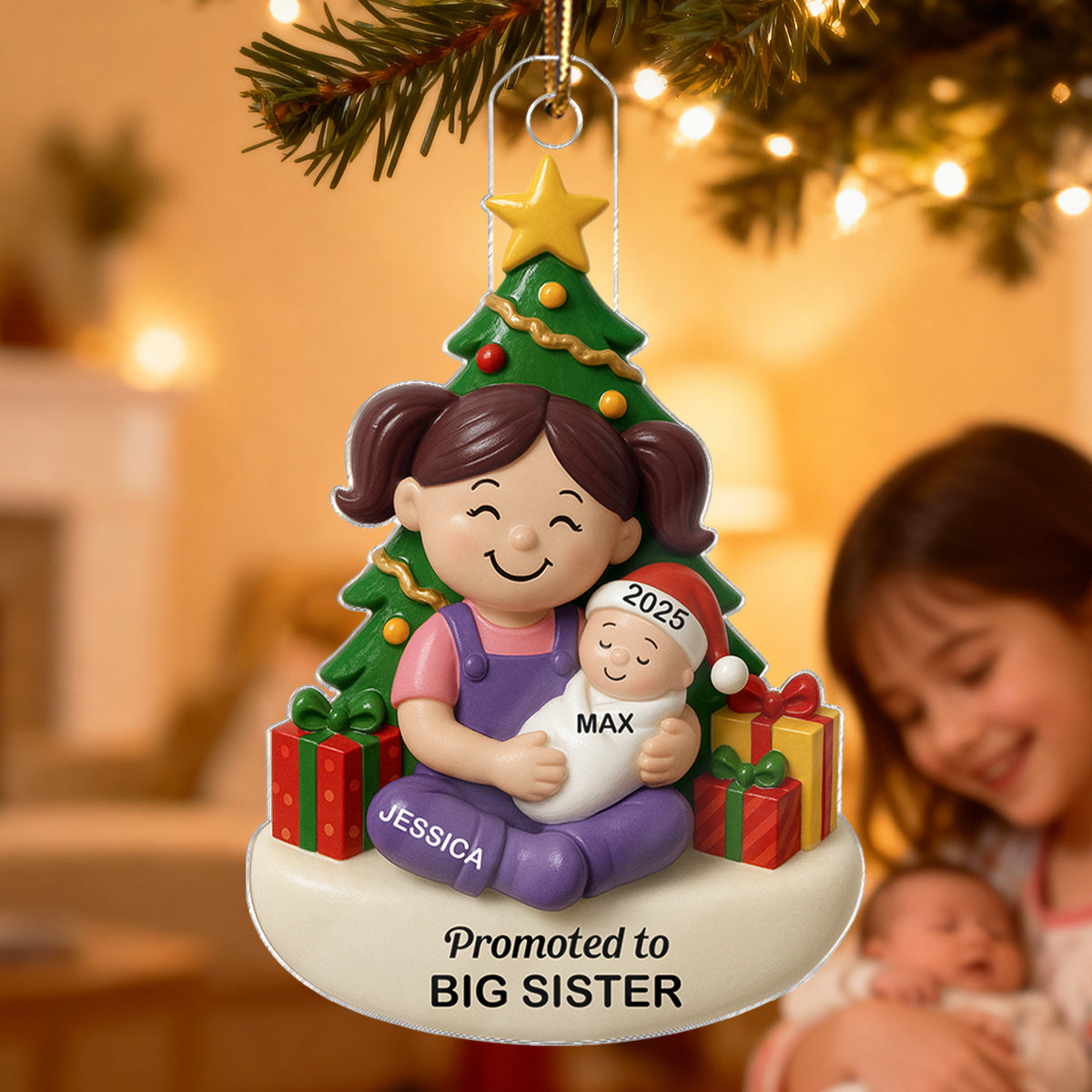 Proud New Big Sister Big Brother Under Tree - Personalized Acrylic Ornament - New Big Sibling Christmas Gift