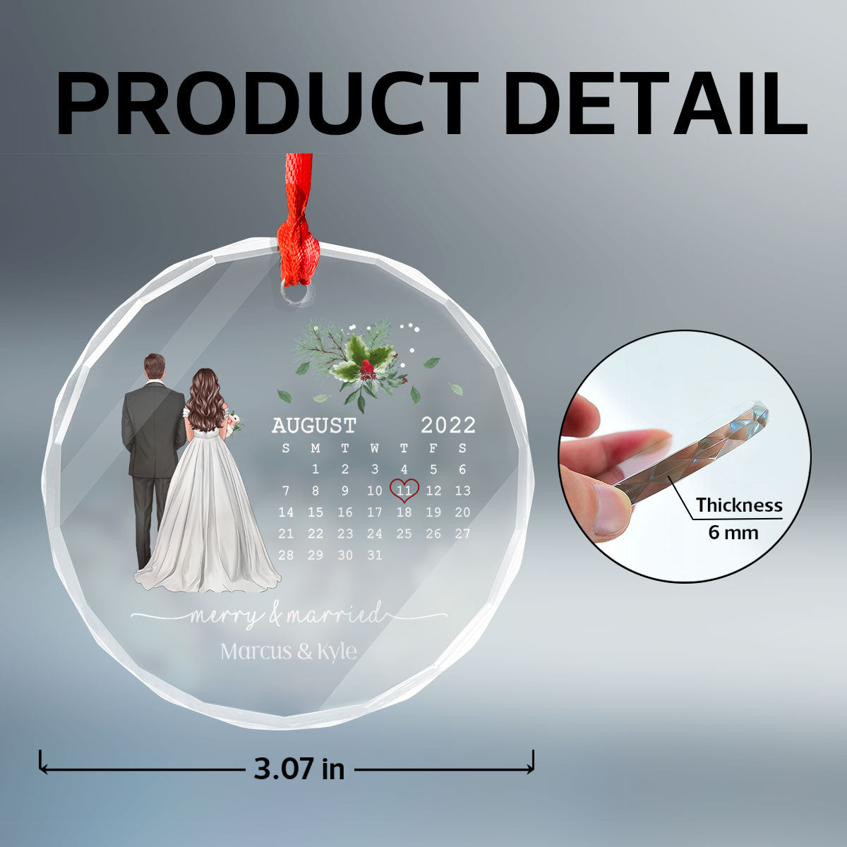 Merry And Married First Christmas Couple Calendar Personalized Christmas Glass Ornament, Anniversary Gift, Newlywed Gift, Wedding Gift