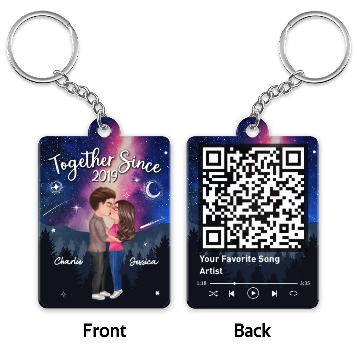 Doll Couple Kissing In Galaxy Night Favorite Song Scannable QR Code Personalized Acrylic Keychain