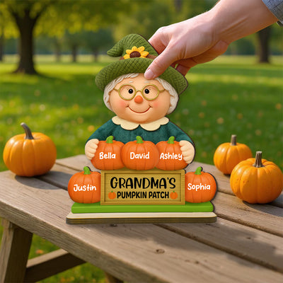 Grandma's Pumpkin Patch Scarecrow Personalized Standing Wooden Plaque, Fall Decor for Grandma