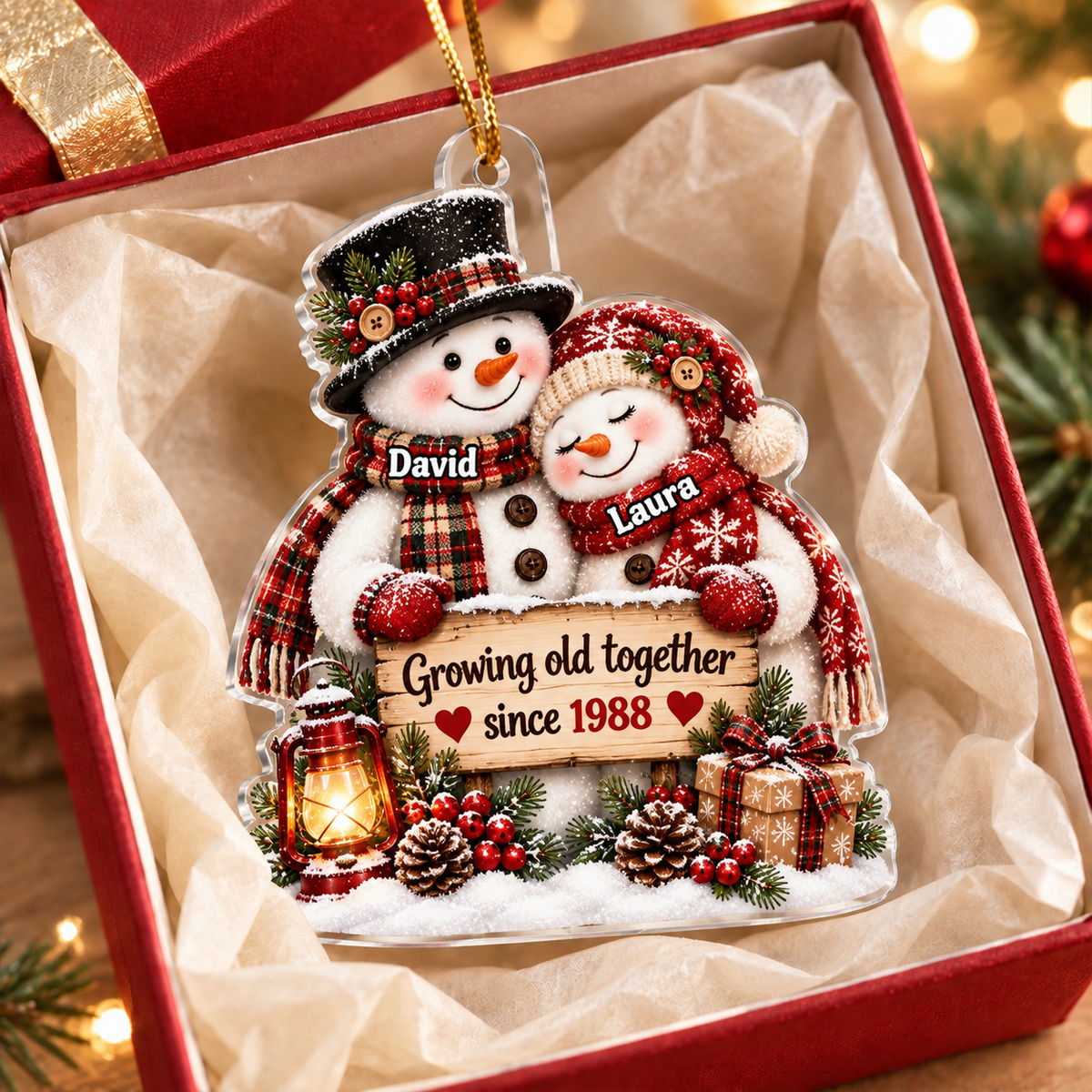Snowman Couple Hugging Growing Old Together - Personalized Acrylic Ornament - Heartfelt Christmas Gift for Her, for Him