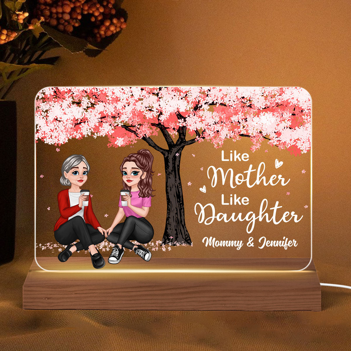 Pretty Cartoon Mother Daughter Sitting Under Blossom Tree Like Mother Like Daughter Personalized Horizontal Rectangle Acrylic Plaque With LED Night Light