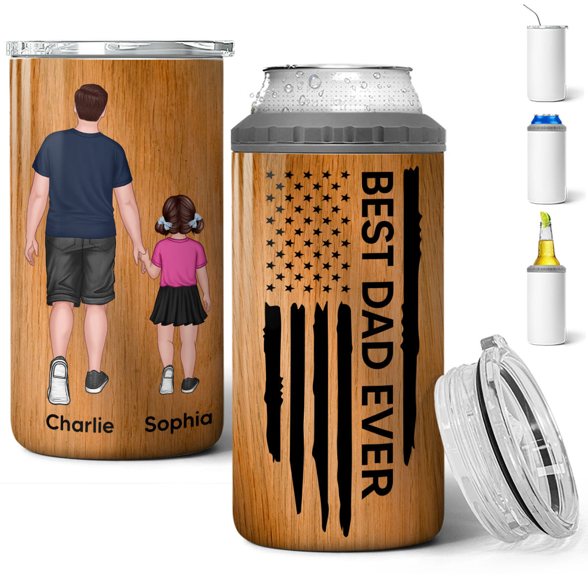 Best Dad Papa Grandpa Ever Nation Flag Man & Kids Walking Father‘s Day Gift For Husband Father Figures Personalized 4 In 1 Can Cooler