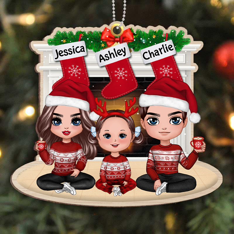 Doll Family Sitting At Fireplace Personalized Wooden Ornament