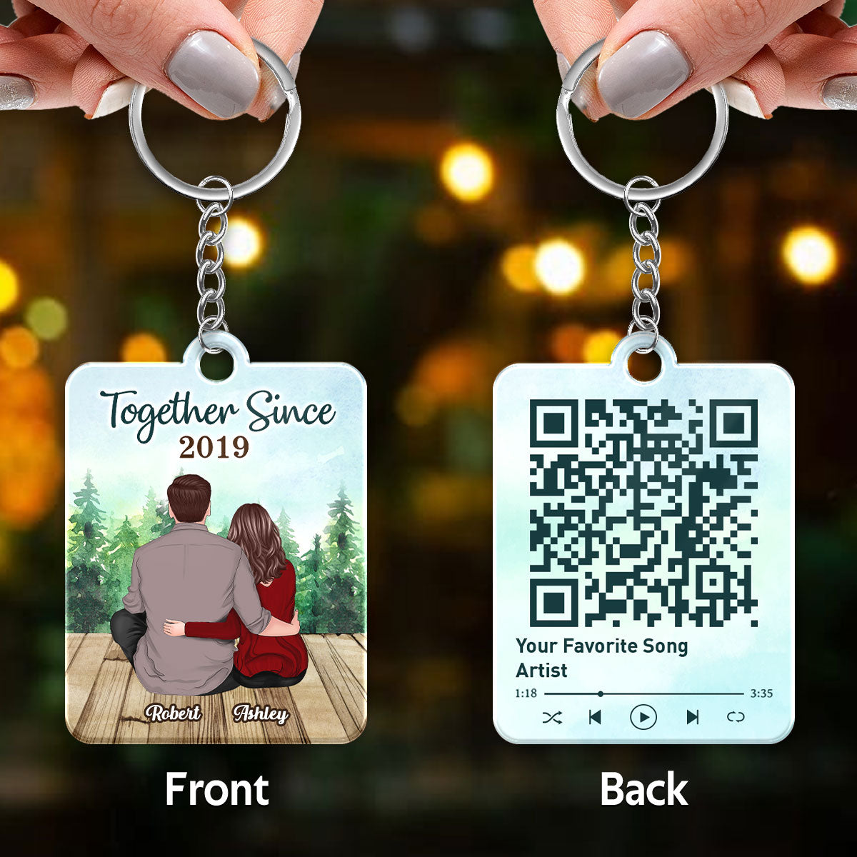 Forest Landscape Back View Couple Sitting Favorite Love Song Scannable QR Code Personalized Acrylic Keychain