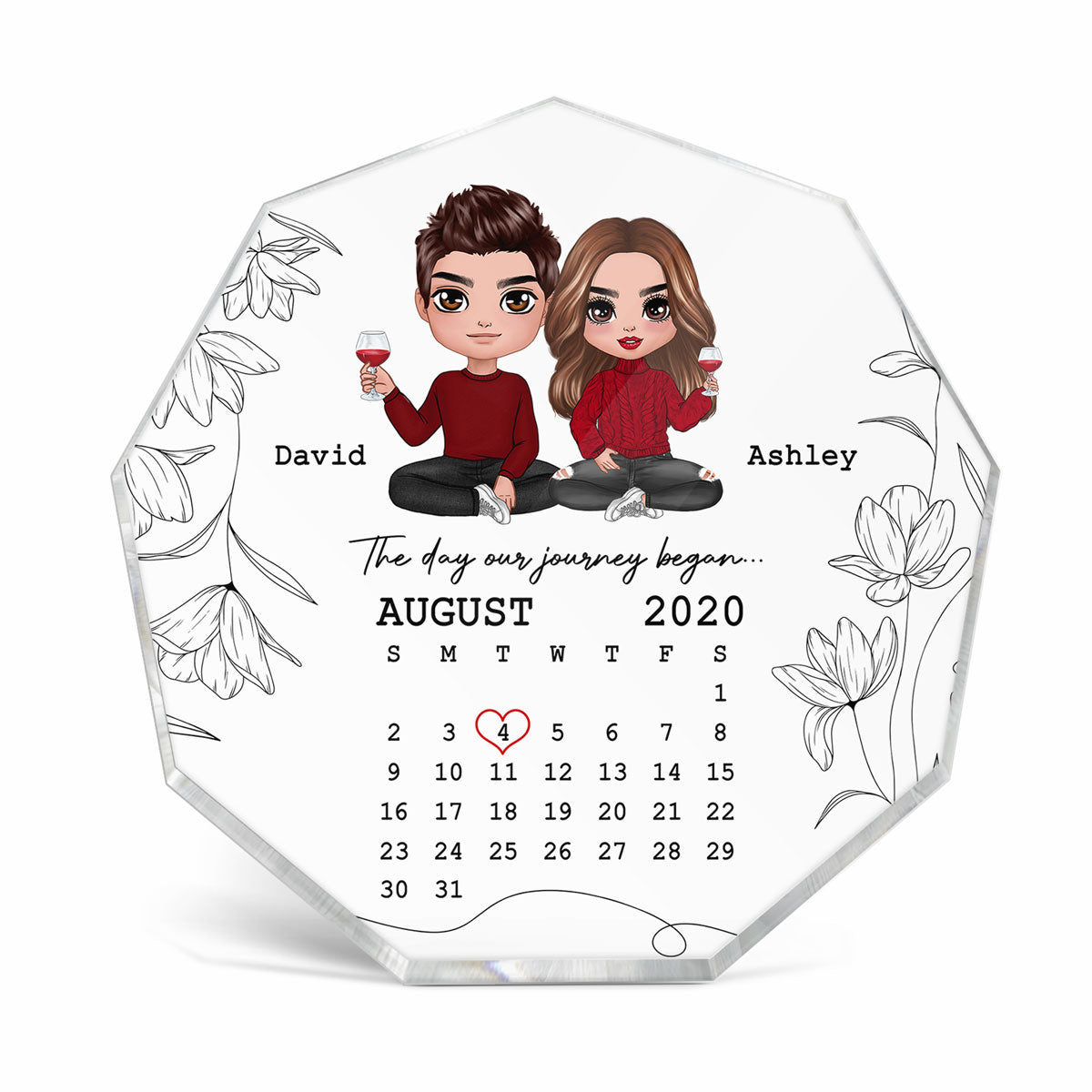 Doll Couple Sitting The Day Journey Began Personalized Acrylic Nonagon Plaque - Calendar Anniversary Gift For Couple - Gift For Him Gift For Her