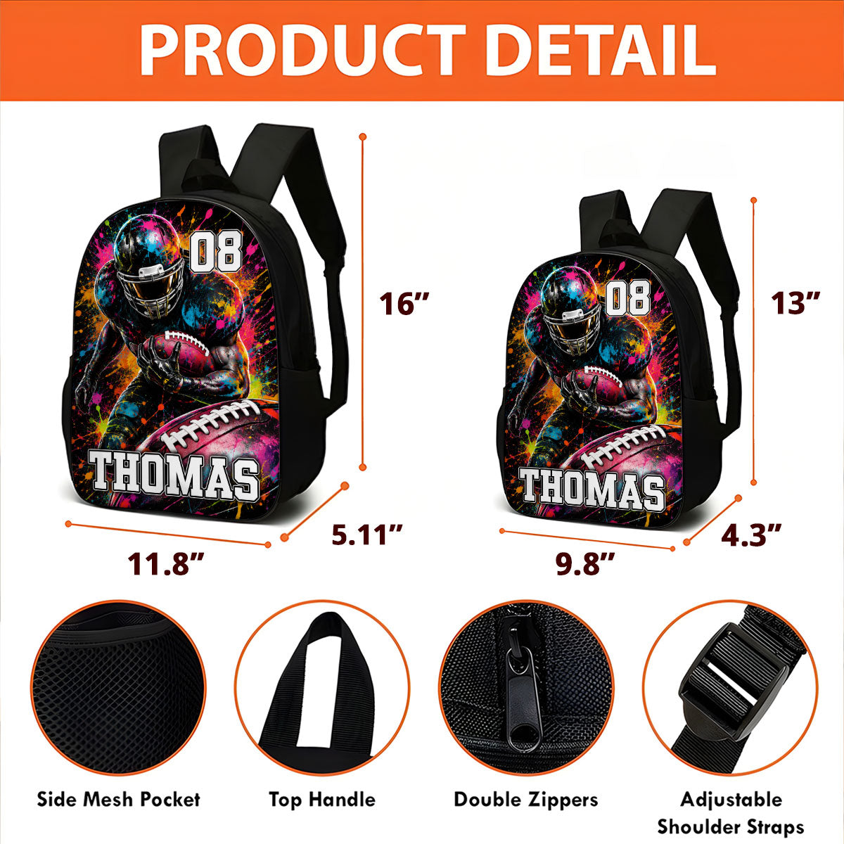 Watercolor Splash American Football Custom Name & Number - Personalized Backpack - Back To School Gift For Football Lovers, Kid Boy, Son, Grandson