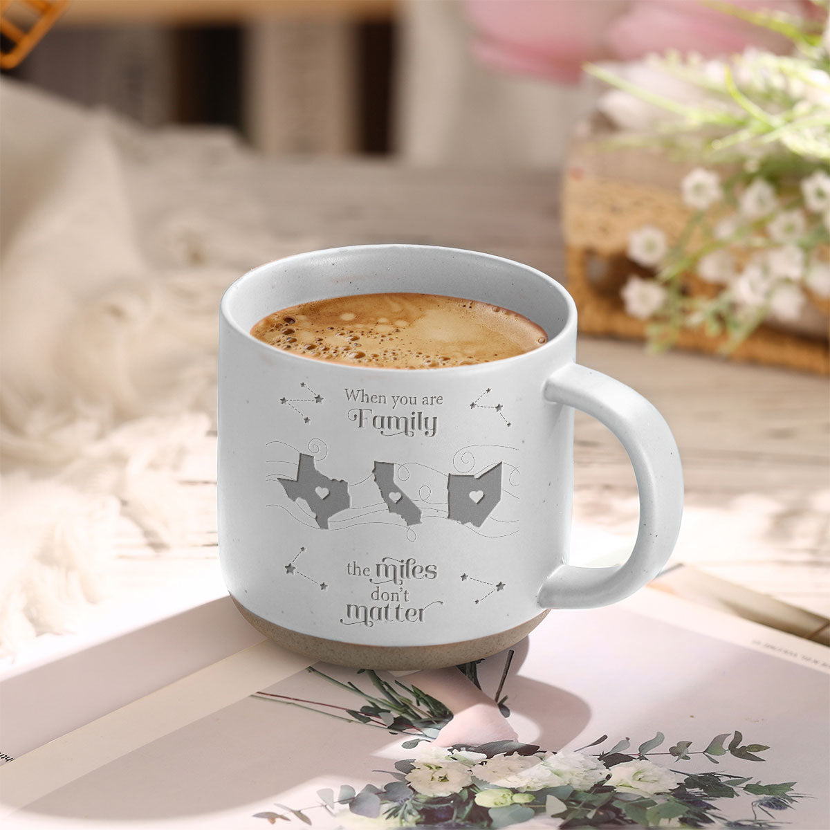Long Distance Family Friends Siblings Sisters Besties Personalized Engraved Pottery Mug, Togetherness Christmas Gift