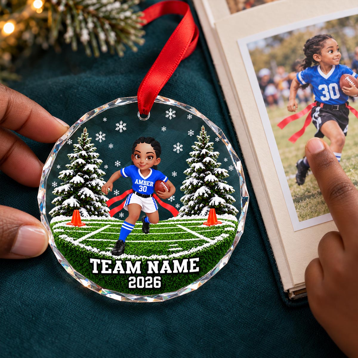 Flag Football Player 2D Flat - Personalized Glass Ornament - Custom Boy & Girl, Team Name Keepsake, Gift for Young Athletes