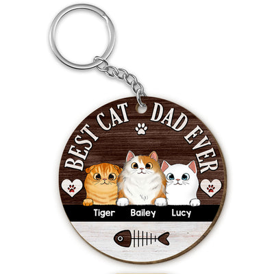 Best Cat Dad Ever Fluffy Cats Personalized Circle Wooden Keychain