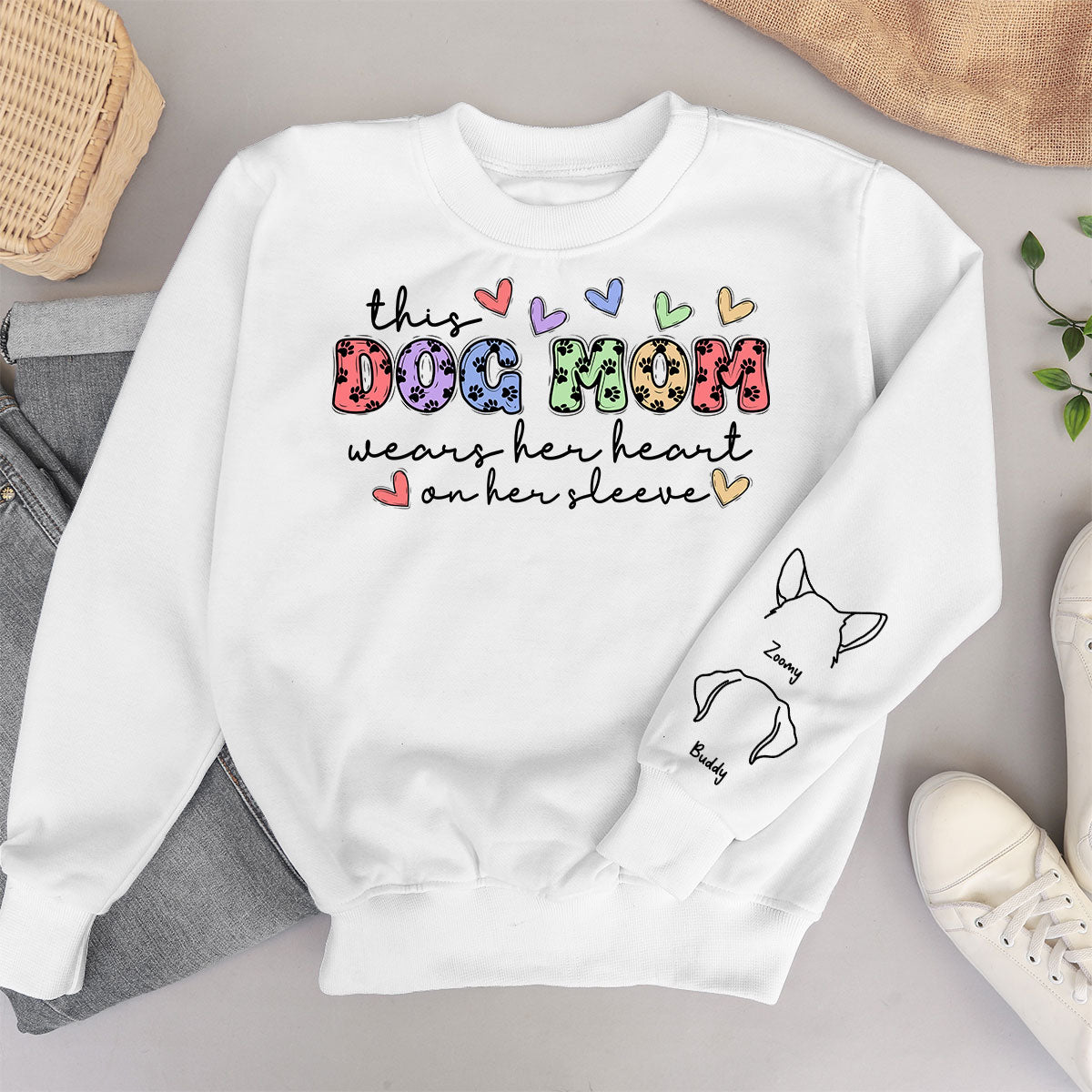 Dog Mom Colorful Paw Pattern, This Dog Mom Wears Her Heart On Her Sleeve, Custom Dog Name, Dog Mama, Personalized Sleeve Printed Sweatshirt