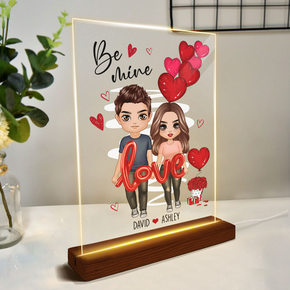 Be Mine Love Balloon Couple Personalized Plaque LED Night Light - Gift For Him Gift For Her