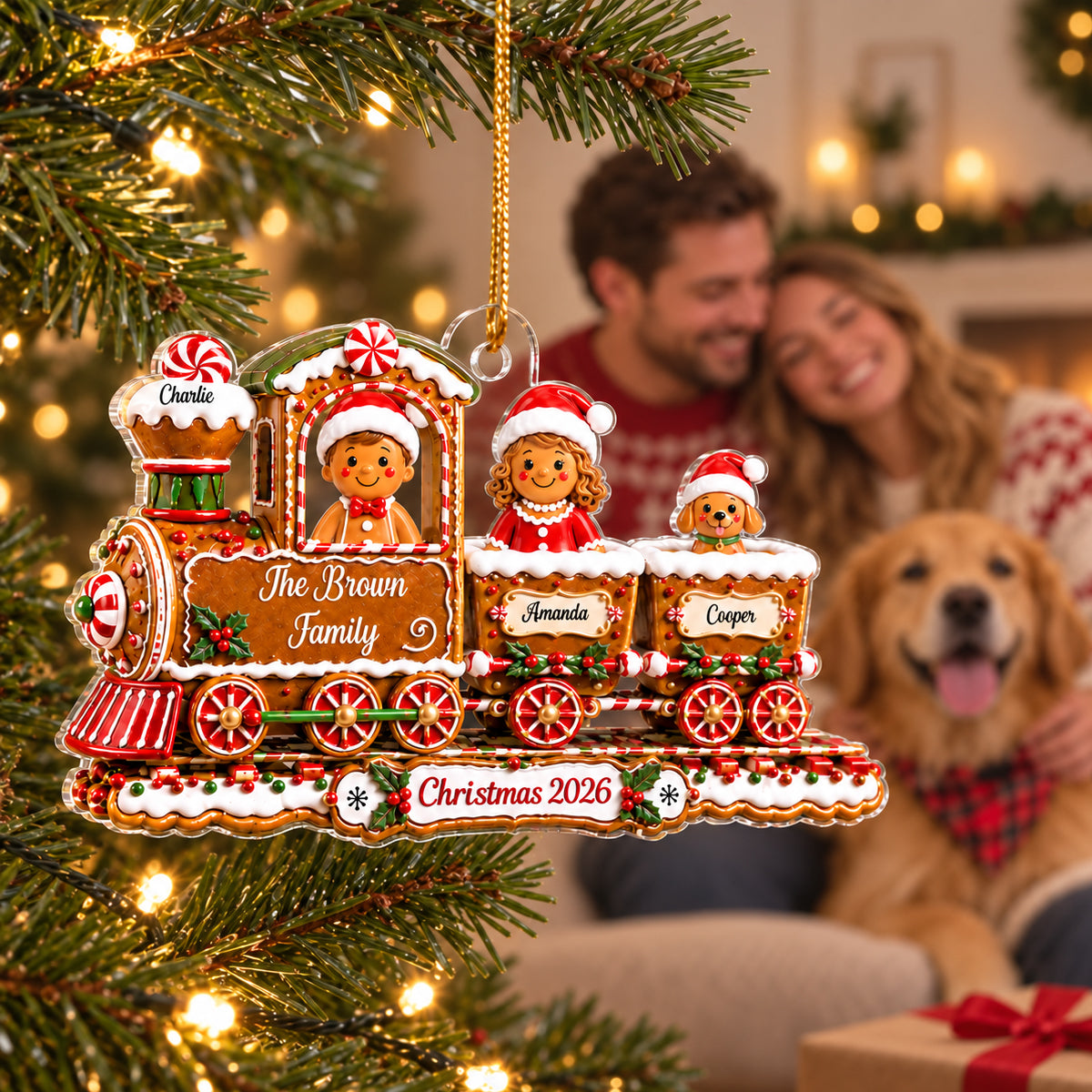 Family Gingerbread Christmas Train - Personalized Acrylic Ornament - Family Holiday Keepsake Gifts