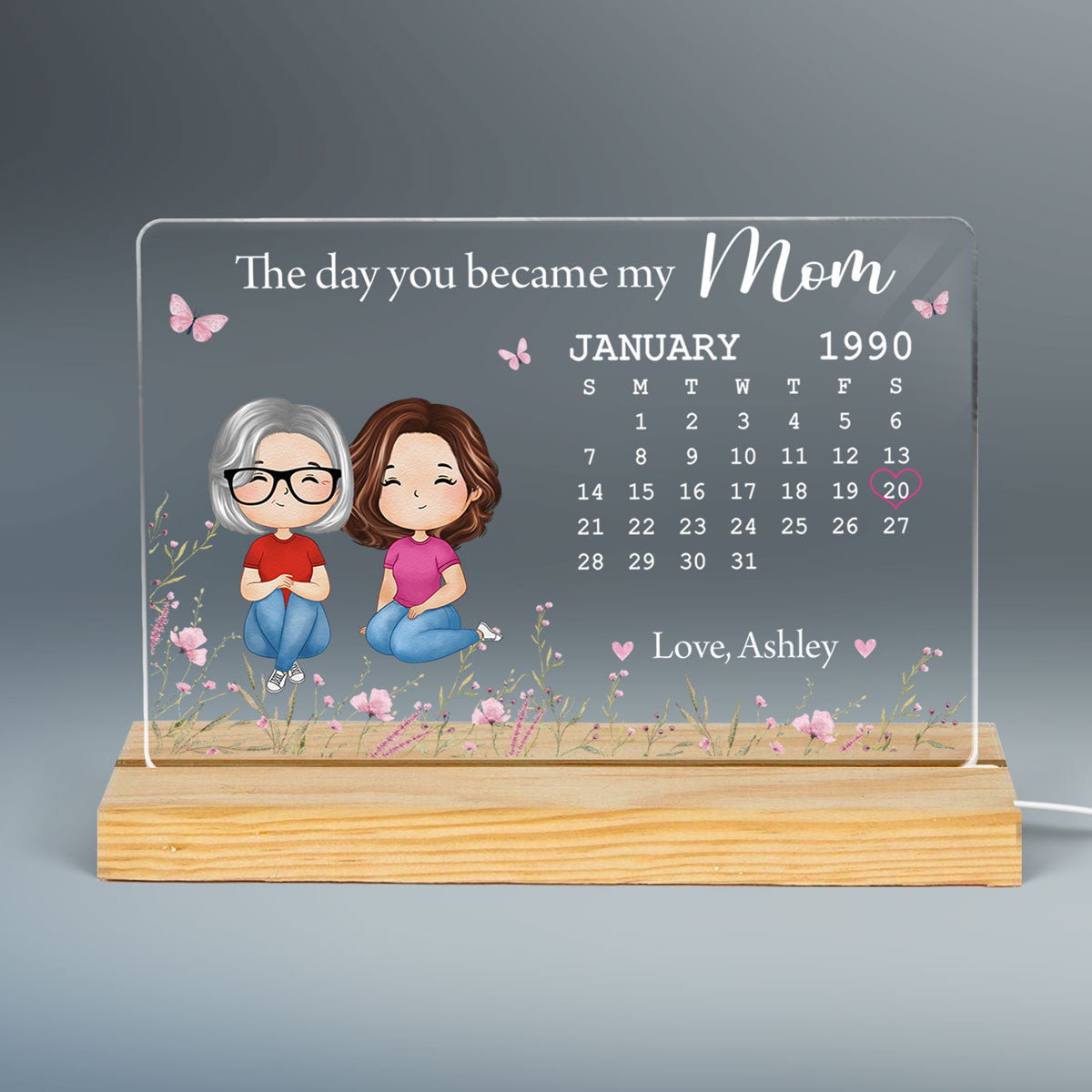 The Day You Became My Mom Calendar Doll Woman Watercolor Personalized Horizontal Rectangle Acrylic Plaque With LED Night Light