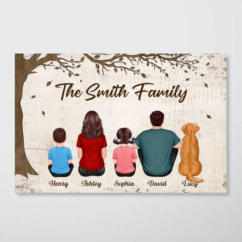 Whole Back View Family Grandma Grandpa Dad Mom Kids Dogs Cats Sitting Under Tree Personalized Horizontal Poster