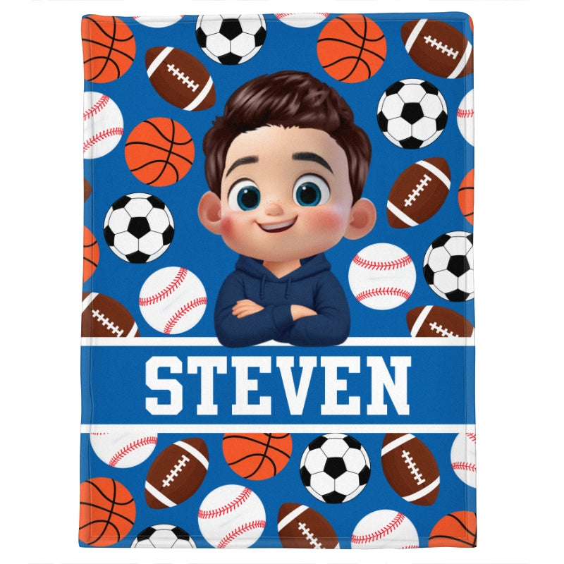 Multiple Sports Lovers Boy Girl Custom Name - Personalized Fleece Blanket - Christmas Gift For Kids Sport Lovers, Grandson, Son, Granddaughter, Daughter