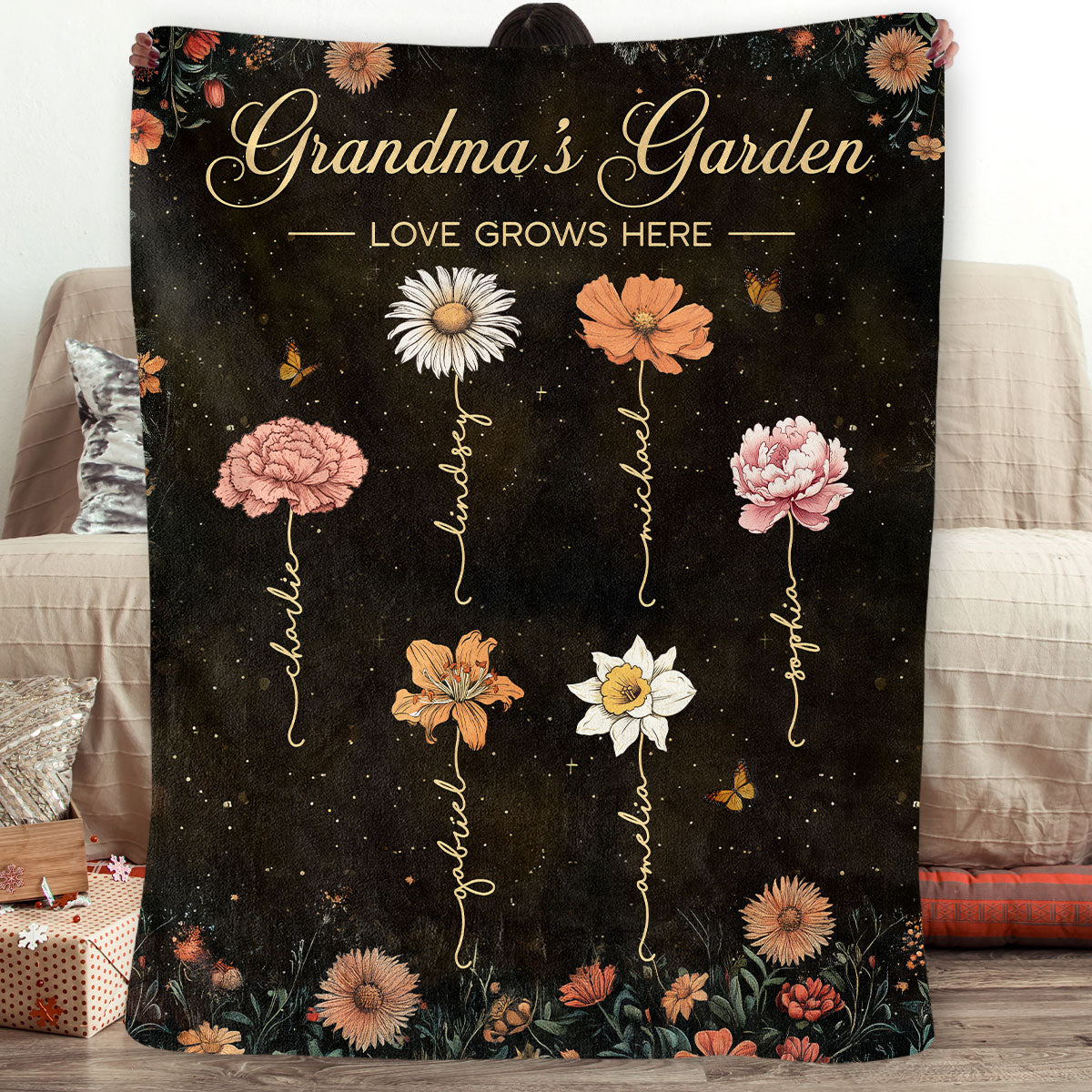 Grandma's Garden Vintage Birth Month Flower Personalized Fleece Blanket, Gift For Grandma