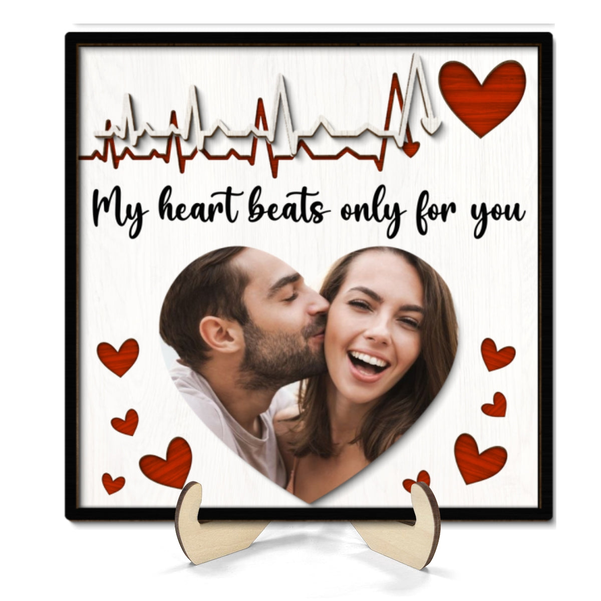 My Heart Beats Only For You Couple Photo Valentine‘s Day Gift For Him For Her Personalized 2-Layer Wooden Plaque