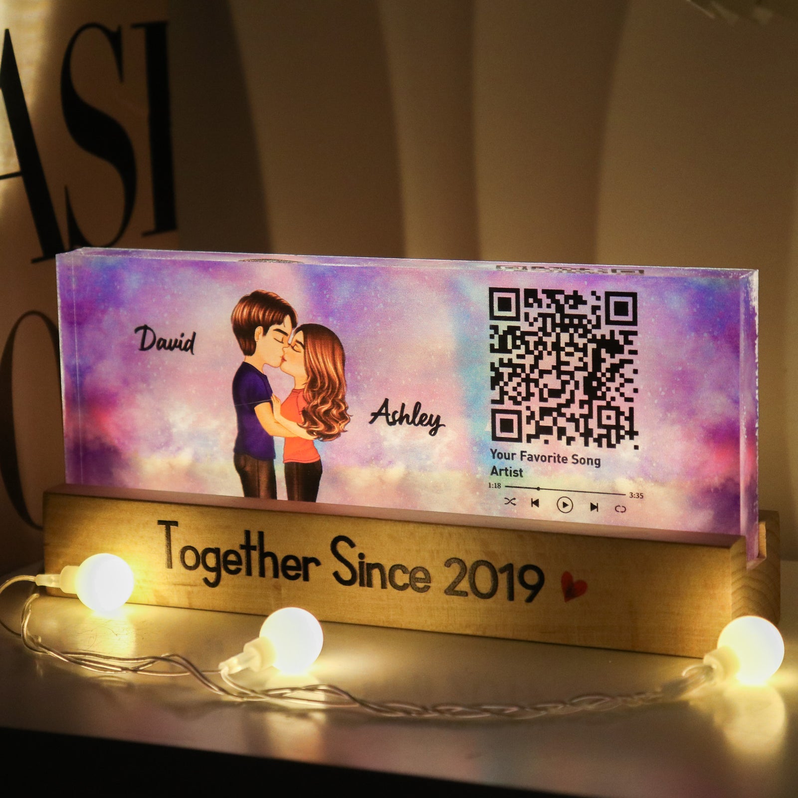 Couple Kissing, Favorite Song Scannable QR Code Personalized Acrylic LED Night Light, Anniversary, Just Because Gift For Her, Gift For Him