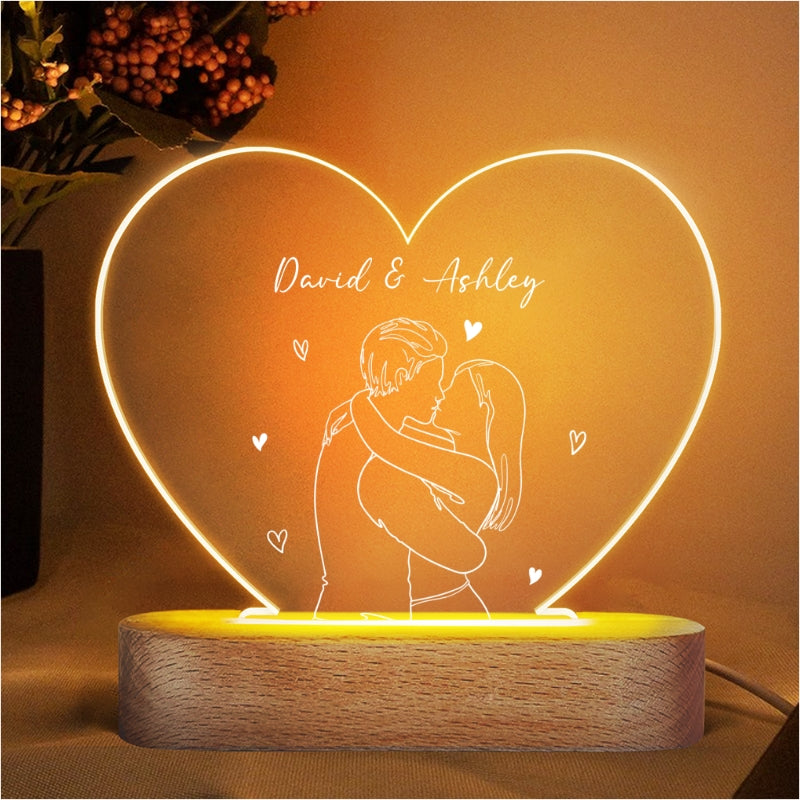 Couple Kissing Outline Personalized Heart Plaque LED Night Light, Acrylic LED Lamp, Valentine‘s Day Gift For Him, For Her