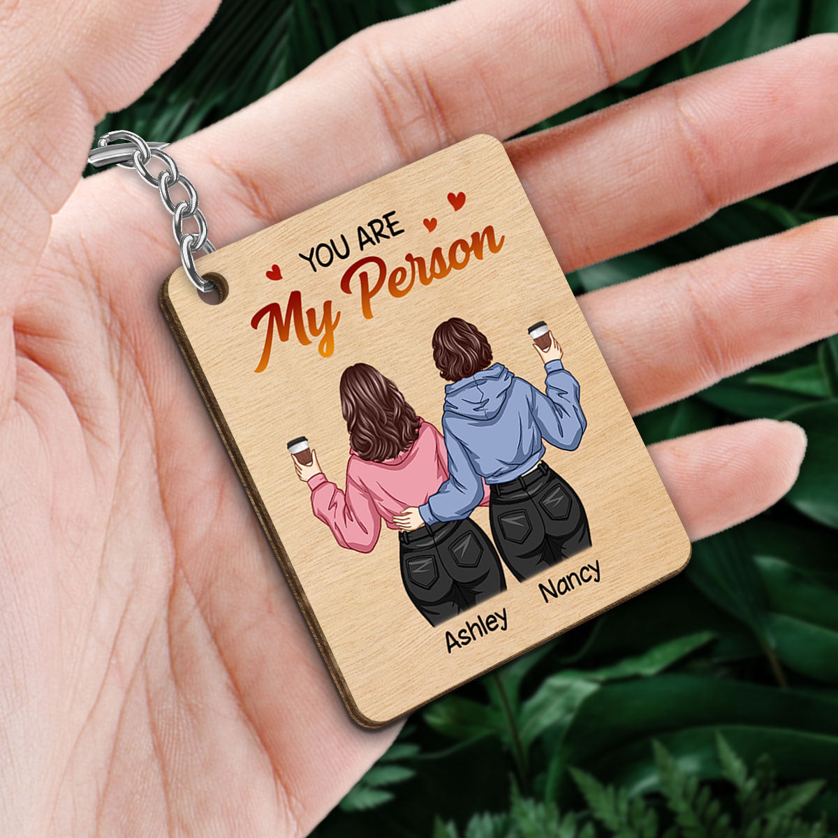 Back View Besties You Are My Person Personalized Wooden Keychain