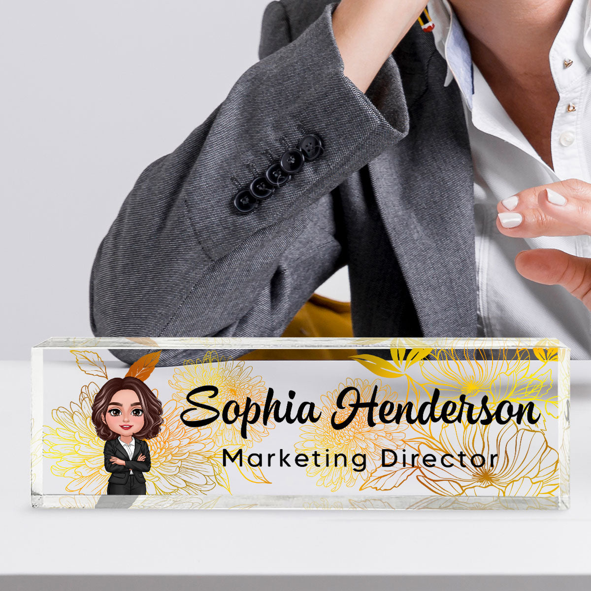 Floral Line Art Woman Man Office Personalized Desk Name Plate| Unique Gift For Colleagues, Boss
