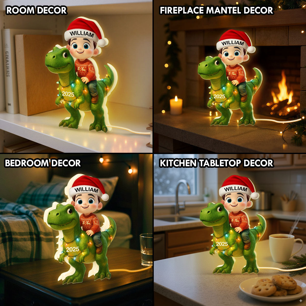 3D Effect Cute Cartoon Kid With Dinosaur Christmas Personalized LED Light Box