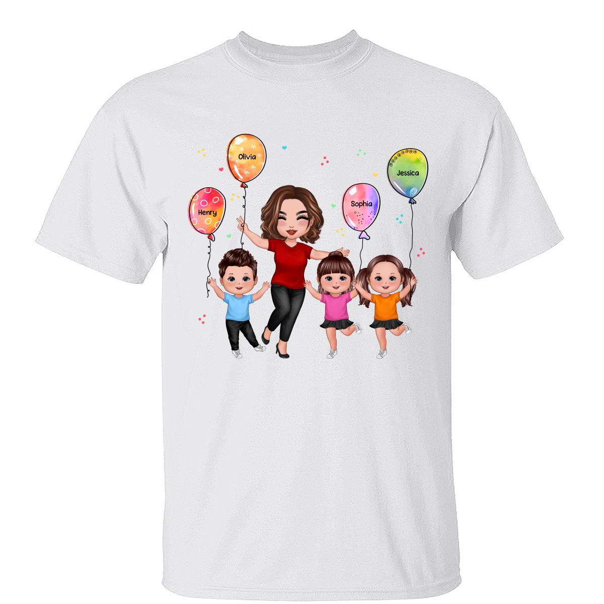Happy Doll Grandma Mom & Doll Kids Holding Balloons Personalized Shirt