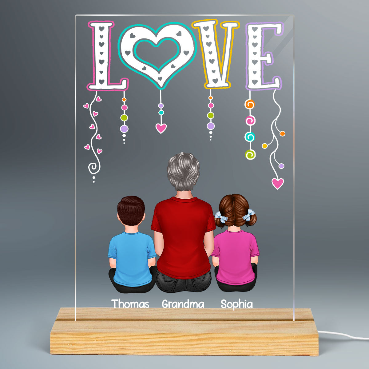 LOVE Back View Grandma Mom With Kids Sitting Personalized Rectangle Acrylic Plaque LED Night Light