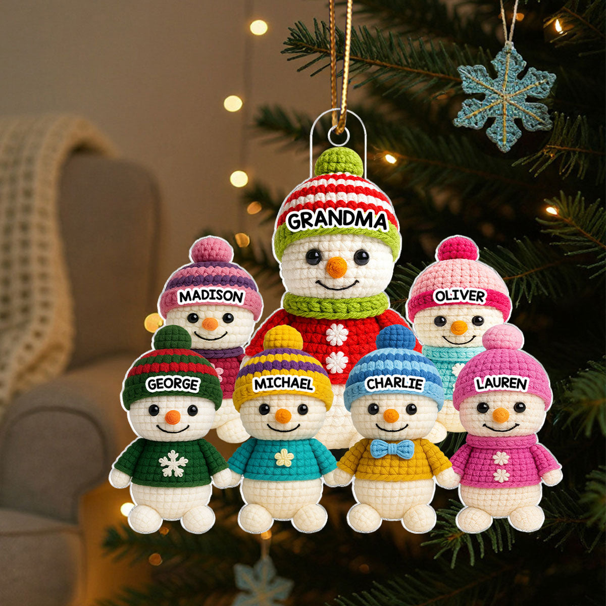 Heartwarming Grandma Grandkids Snowman 3D Crochet Effect - Personalized Acrylic Ornament - Christmas Gift for Grandmas