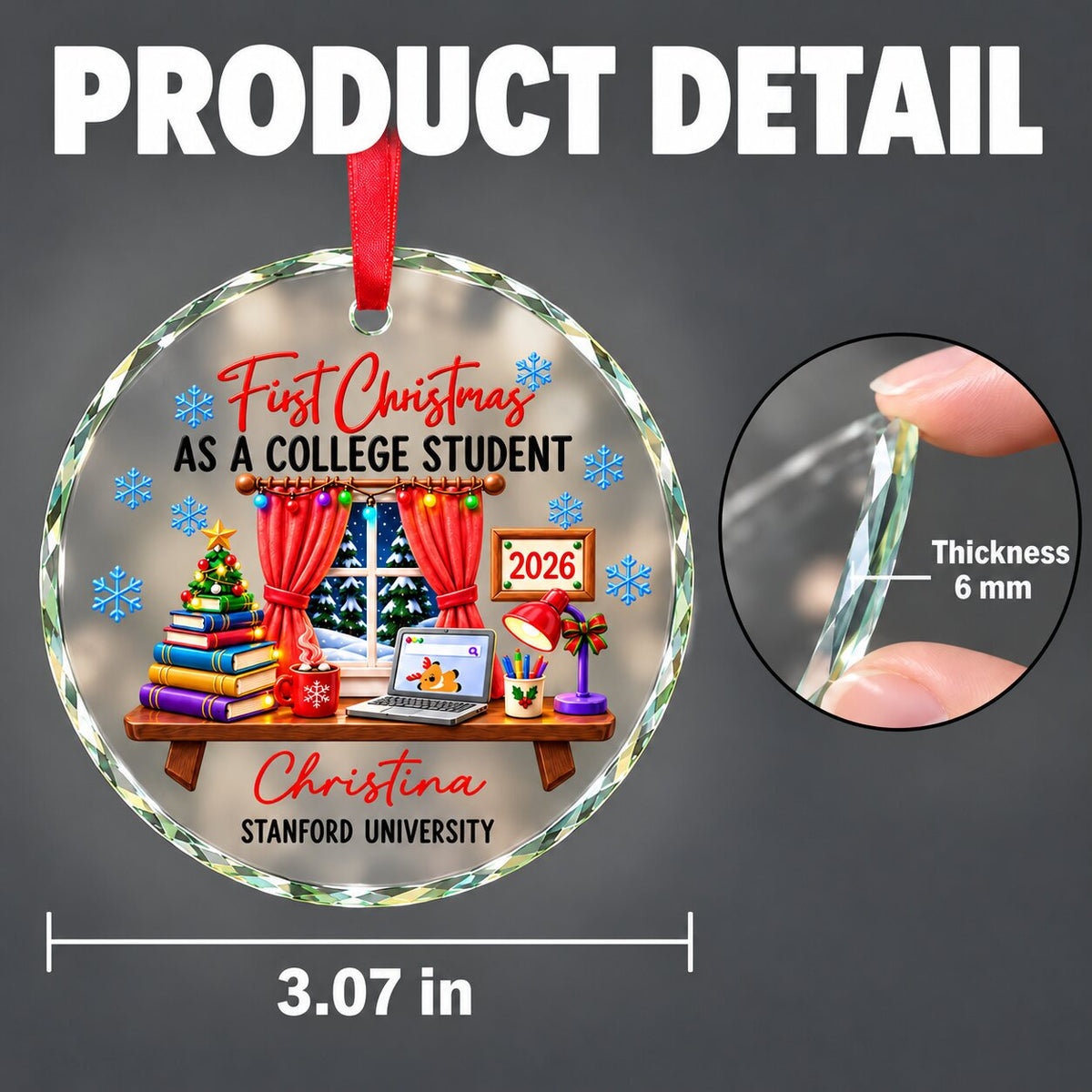 College Student With Desk Design - Personalized Glass Ornament - Christmas Gift For New Student, Boy, Girl