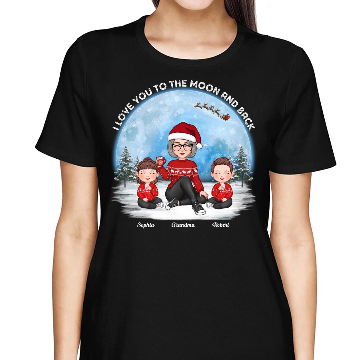 Love To The Moon And Back Cute Grandma Grandkids Sitting Under Moon Personalized Shirt