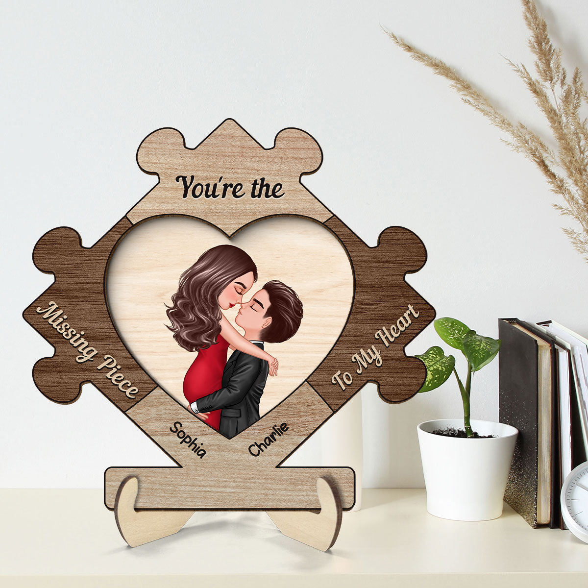 Couple Kissing In Puzzle Piece Personalized 2-layer Wooden Plaque,  Gift For Him, For Her